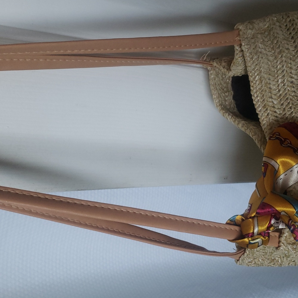 Woven Boho Straw Bag with Scarf Accent - Picture 8 of 8